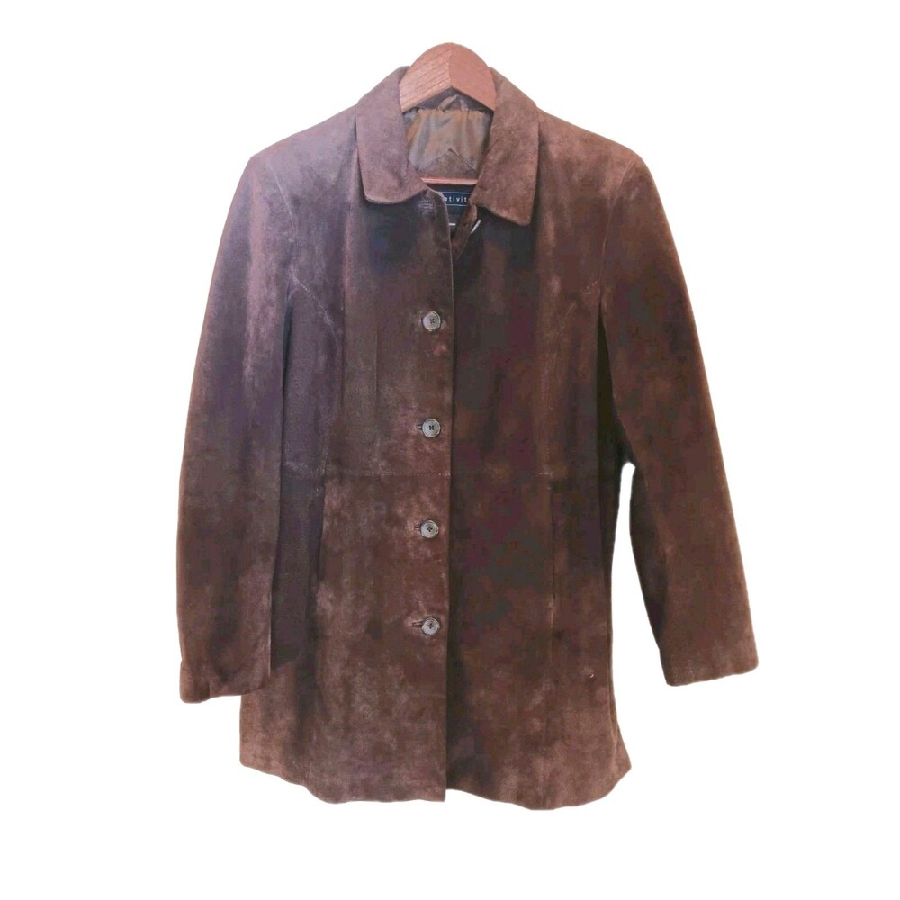 Vtg Relativity Womens Sz L Dark Brown Genuine Suede Leather Jacket Stitching Y2K